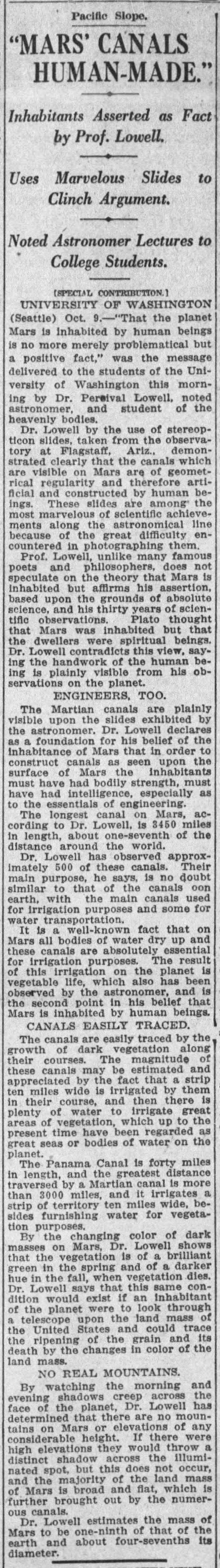 Lowell still defending idea of man-made Mars canals 1 month before death, 1916