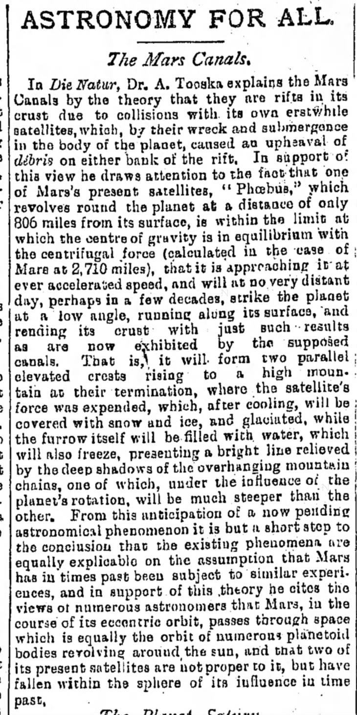 Scientist speculates that Mars canals were created by collisions with satellites, 1893