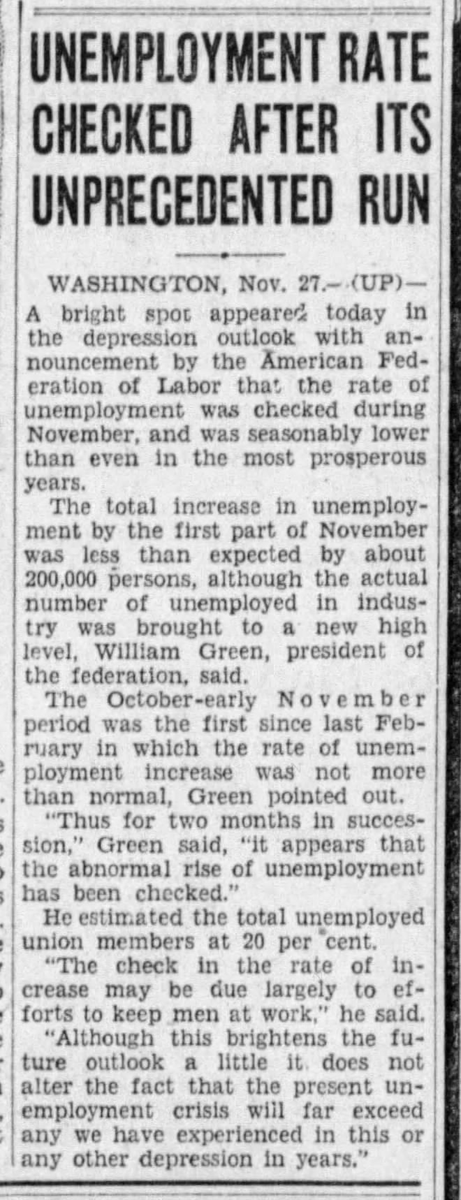 Unemployment rate statistics for November 1931