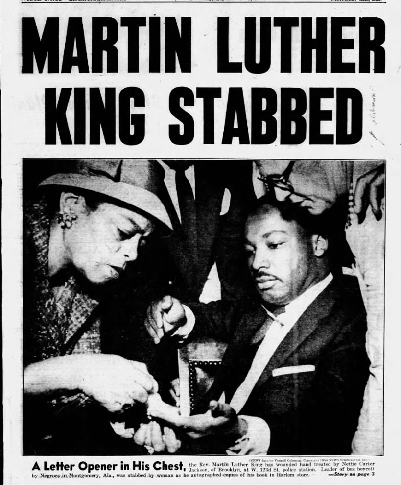 Martin Luther King Jr. is stabbed in Harlem, 1958