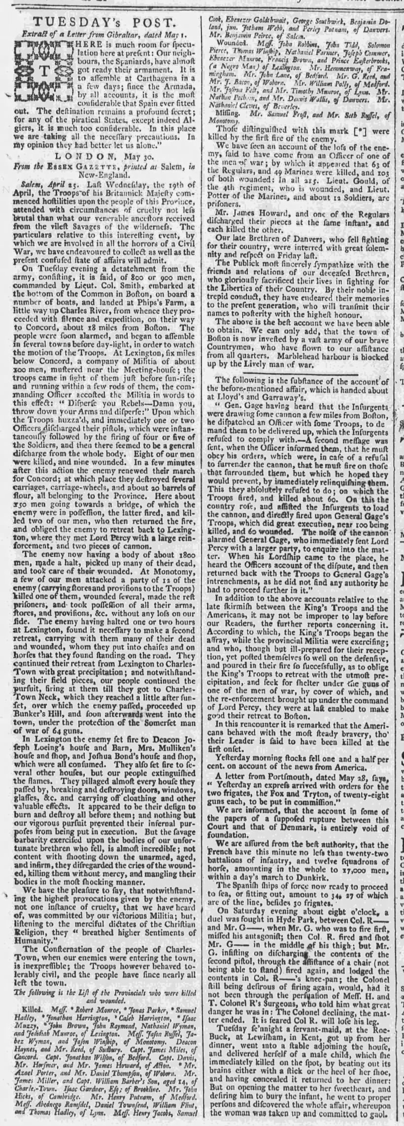 American account of Battles of Lexington and Concord, including list of killed and wounded