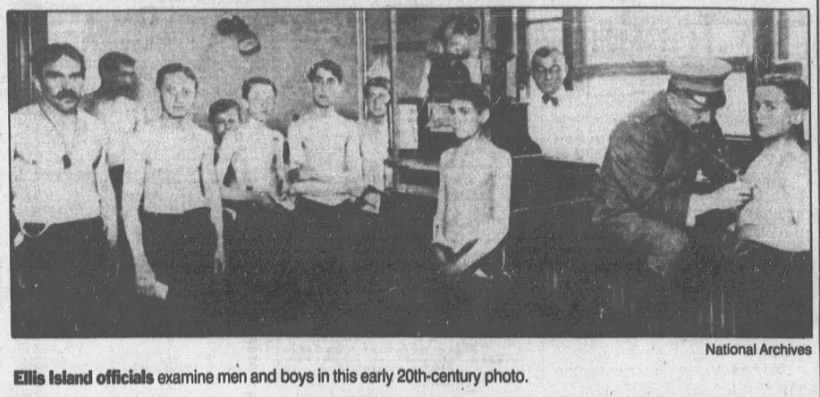 Photo of Ellis Island officials examining men and boys