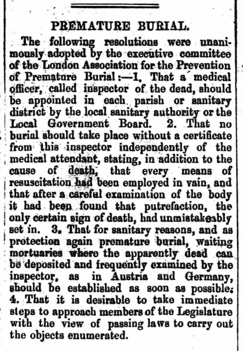 List of resolutions adopted by the London Association for the Prevention of Premature Burial (1897)
