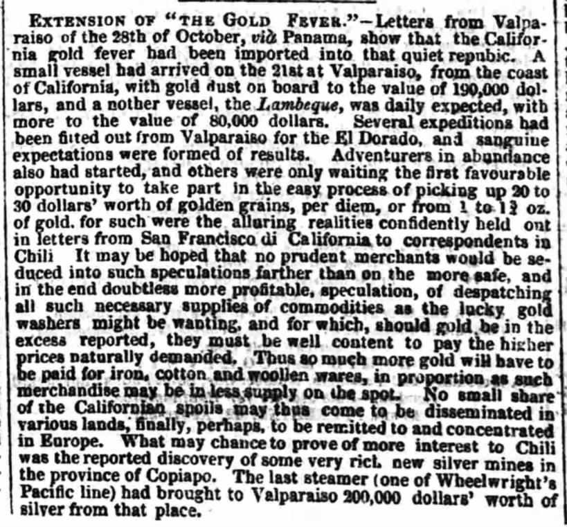 Newspaper reports that "Gold fever" has expanded into Chile during California Gold Rush, 1849