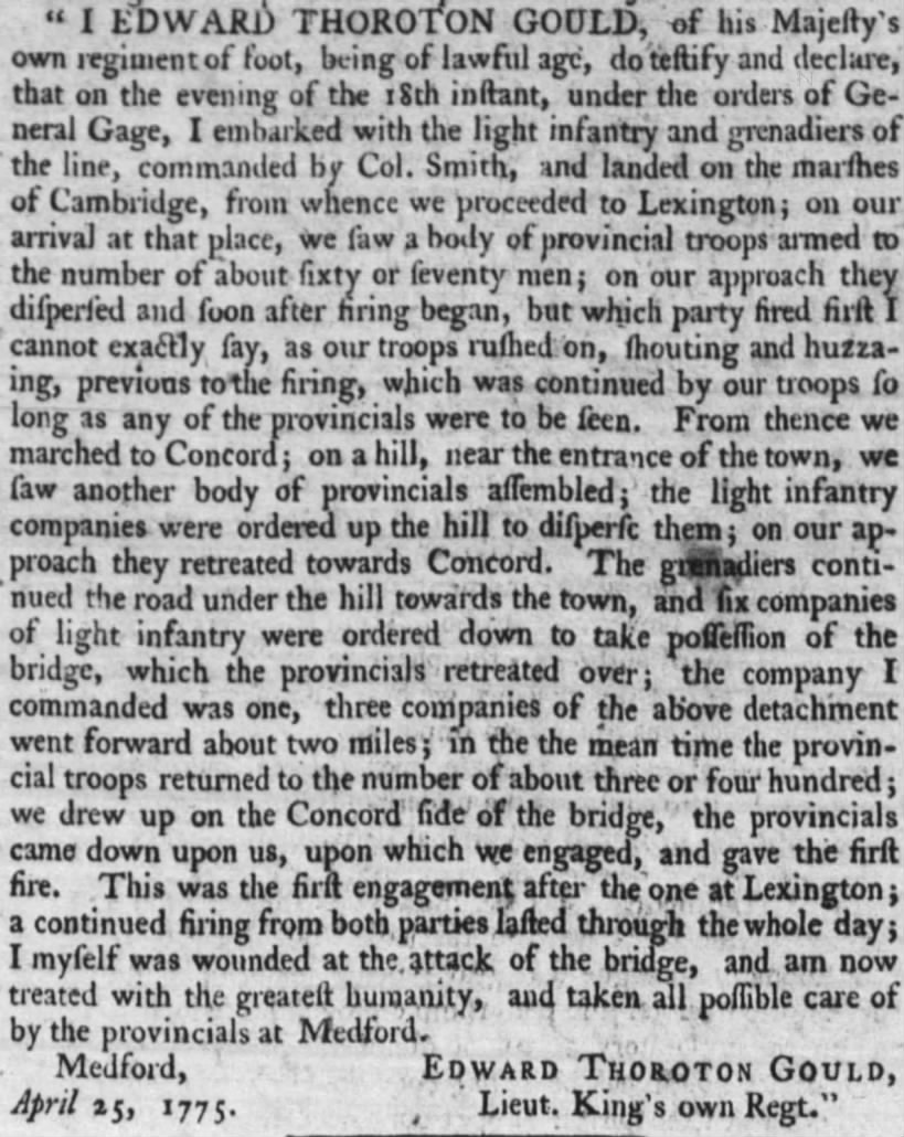 Firsthand British account by Edward Thoroton Gould of the April 19 battles of Lexington and Concord