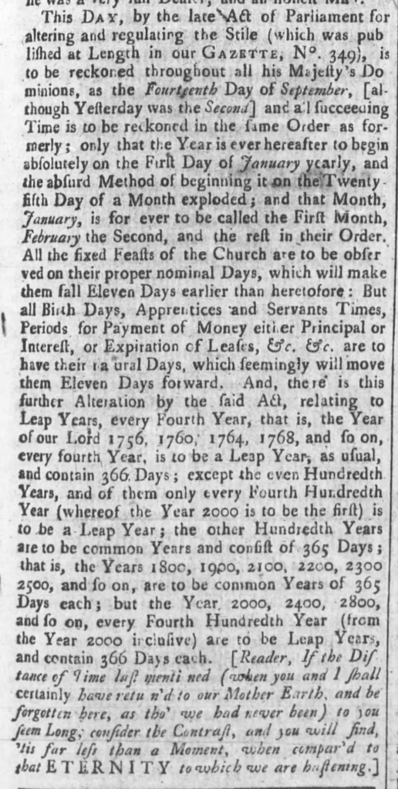 1752: Changes to the calendar including Leap Year