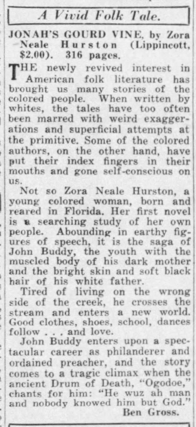 1934 review of Zora Neale Hurston's first novel, "Jonah's Gourd Vine"