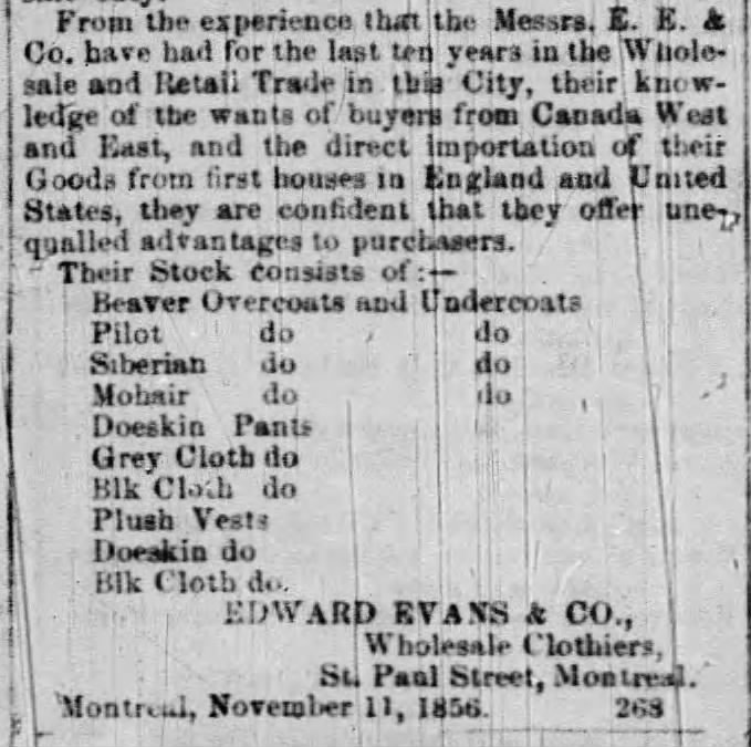 Coats made from beaver, Siberian furs, doeskin available in Montreal 1857