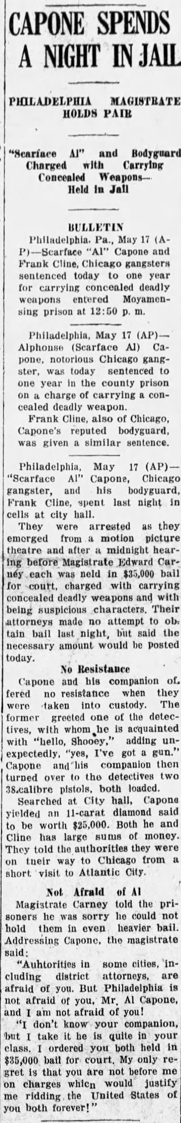 Al Capone charged with carrying a concealed weapon; is given year-long jail sentence, 1929