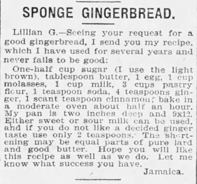 Recipe: Sponge gingerbread, 1905