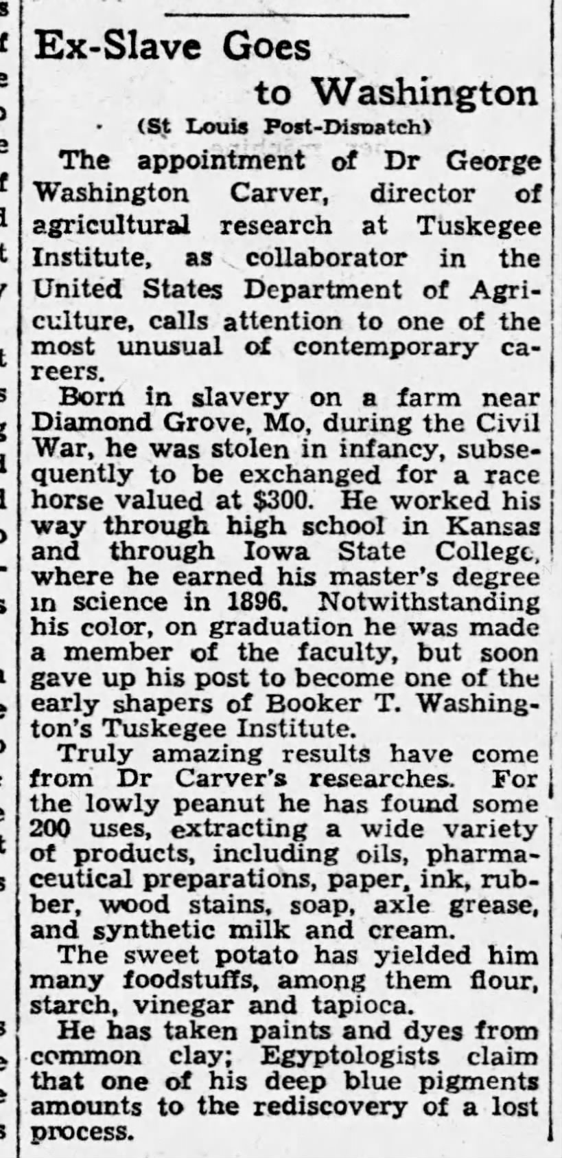 George Washington Carver is appointed as collaborator in the US Department of Agriculture, 1935