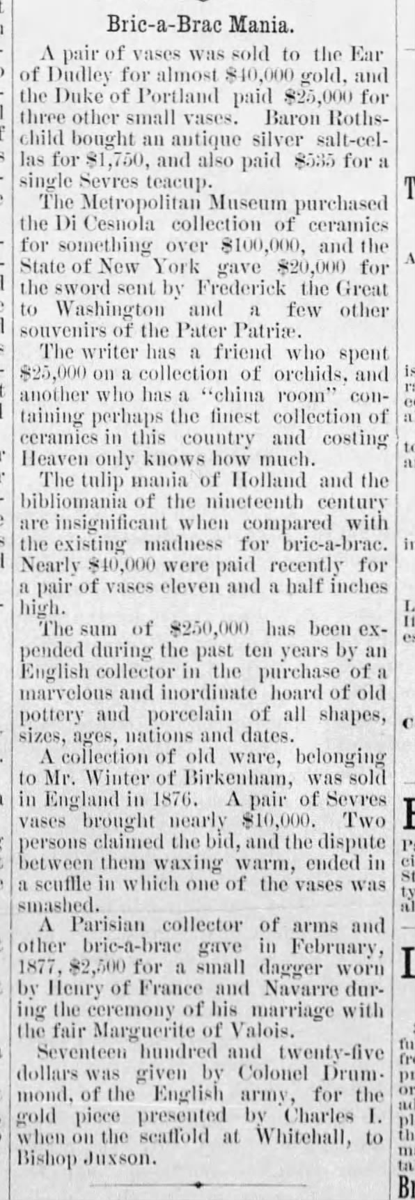 High prices being paid for bric-a-brac, 1887