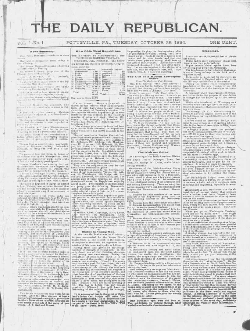 The first issue of The Daily Republican, October 28, 1884