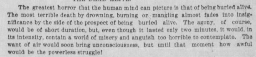 1896: Being buried alive called the "greatest horror that the human mind can picture"