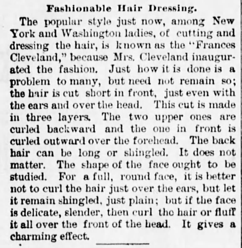 "Frances Cleveland" hairstyle popular in New York and Washington