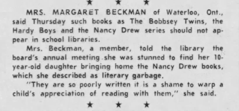 Canadian woman says series books like Nancy Drew should be banned from school libraries, 1964