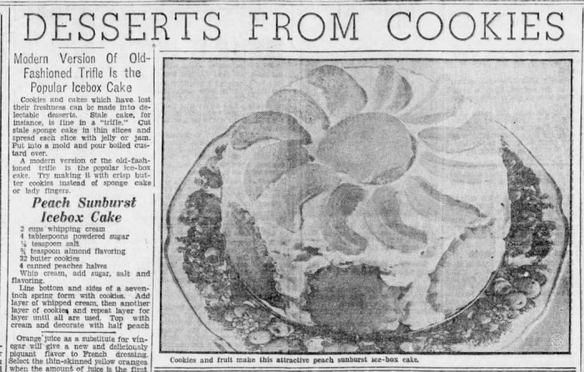 Recipe: Peach Sunburst Icebox Cake using cookies (1936)