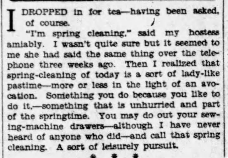 Spring cleaning becomes a "leisurely pursuit" (1930)