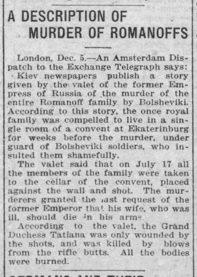 A Description of Murder of Romanoffs, Dec. 1918