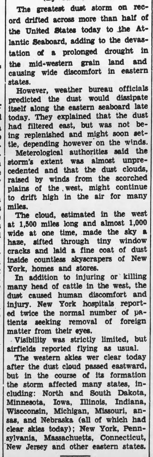 Newspaper article about big dust storm in 1934; blows dirt to East Coast and kills cattle