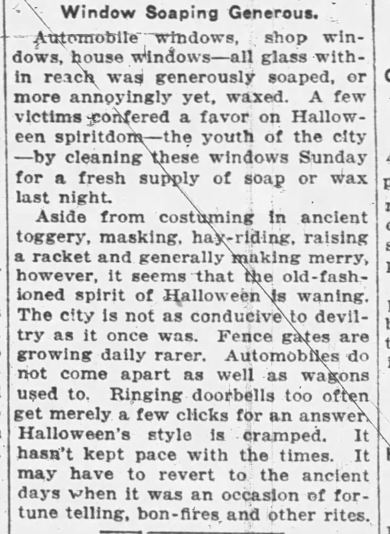 Soaping glass on Halloween in Indiana, 1926