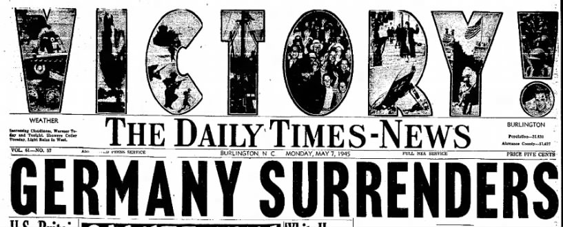 Headline announcing Germany's surrender