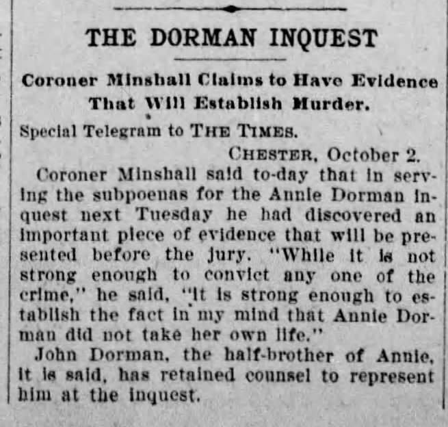 Annie Dorman mystery, 10/3/1897