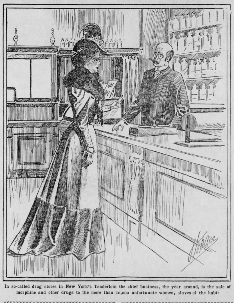 19th century woman buys morphine from a pharmacist
