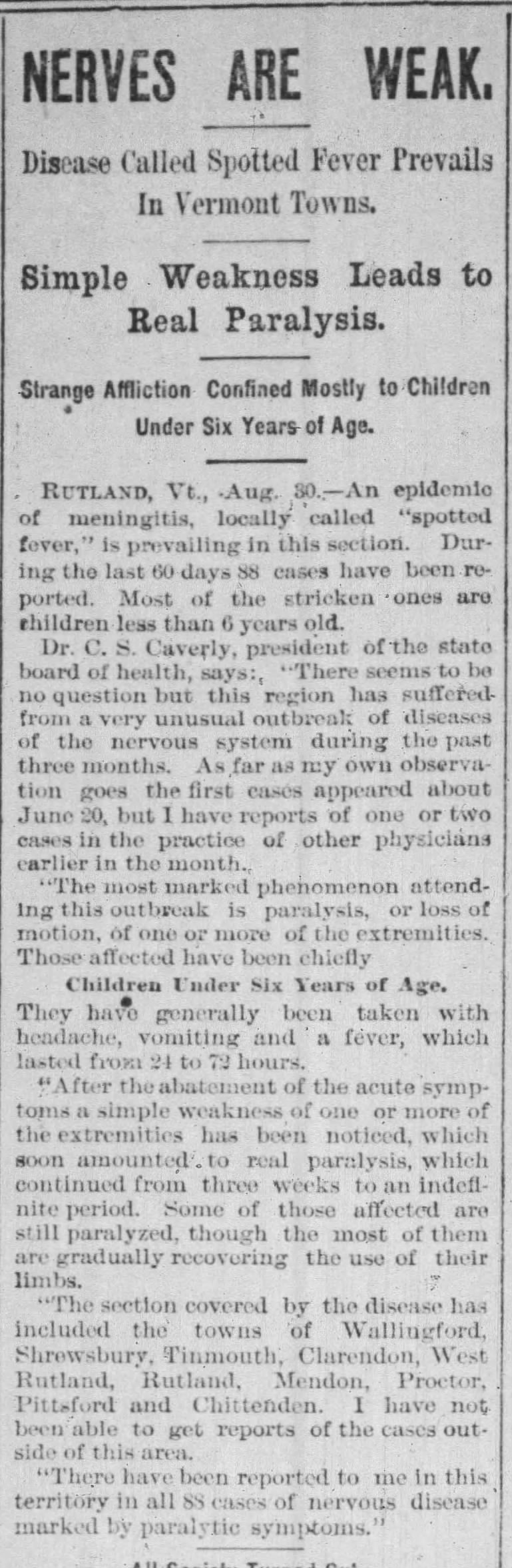First cases of polio (spotted fever) noted in Vermont in 1894