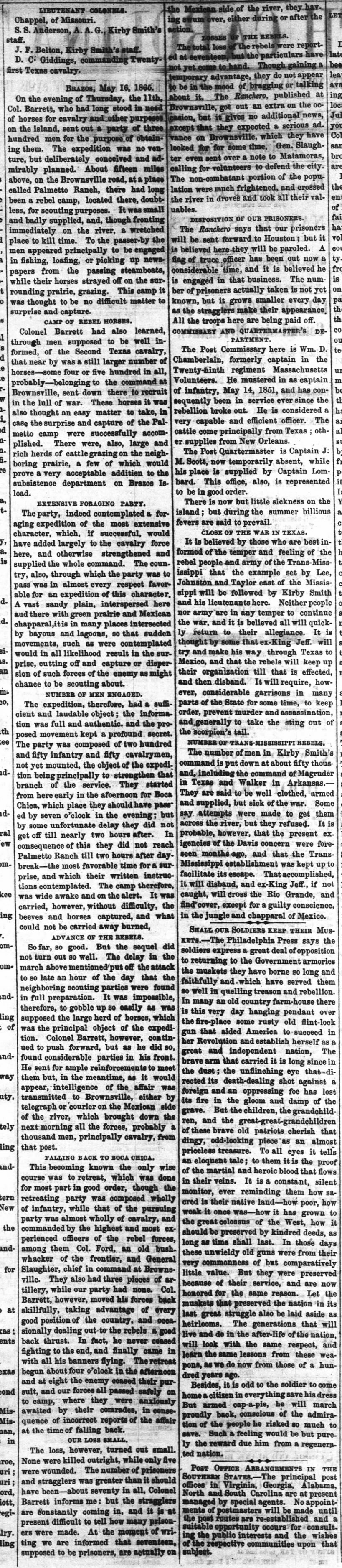 Newspaper account of the Battle of Palmito Ranch