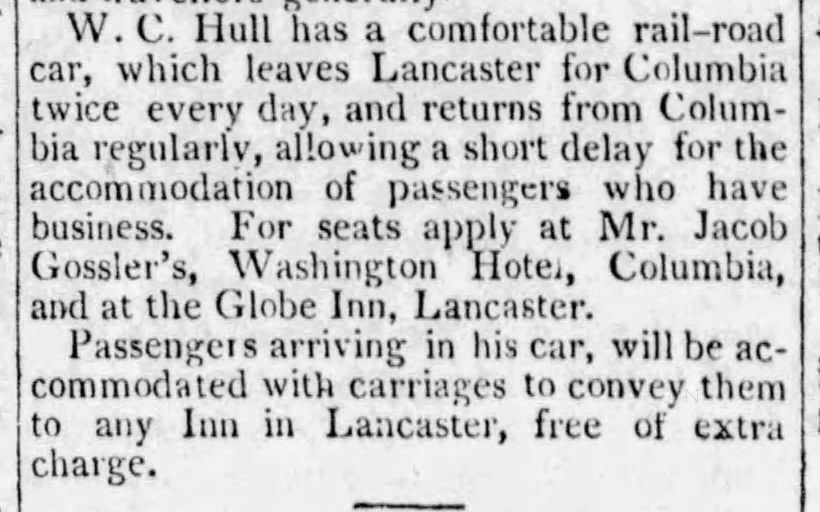 New railroad service between Lancaster and Columbia - 1834