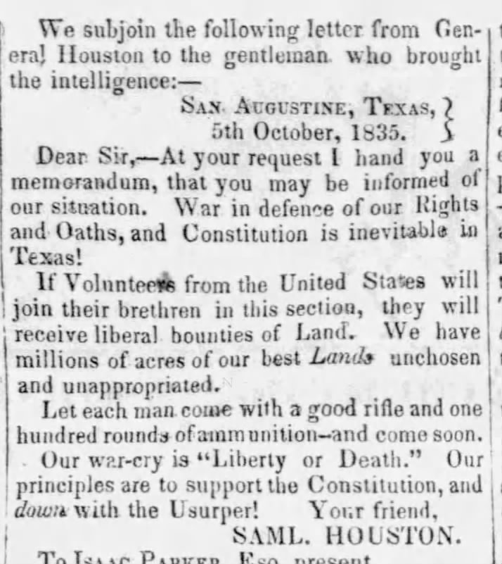 Sam Houston encourages volunteers to fight in Texas in exchange for land
