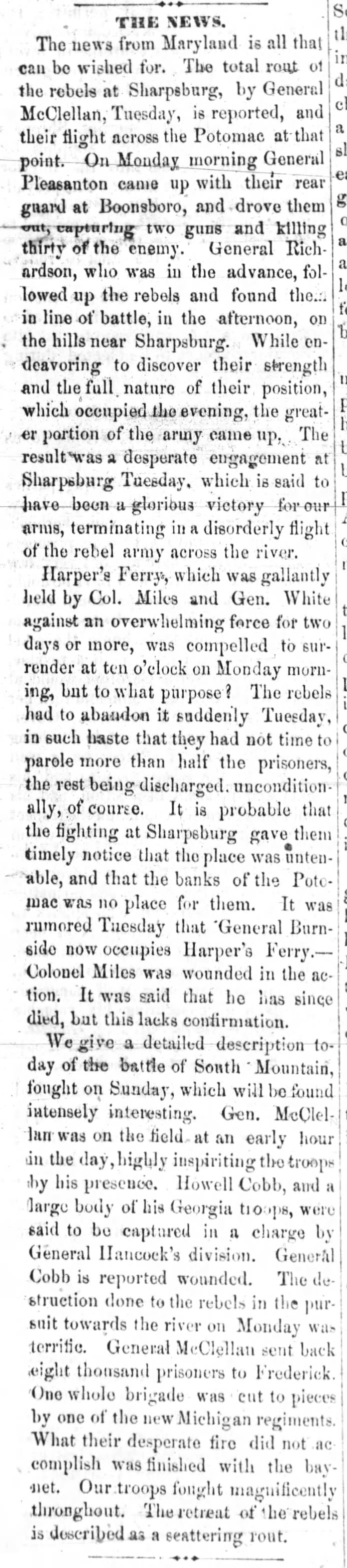 Pro-Union Southern paper reports on Antietam