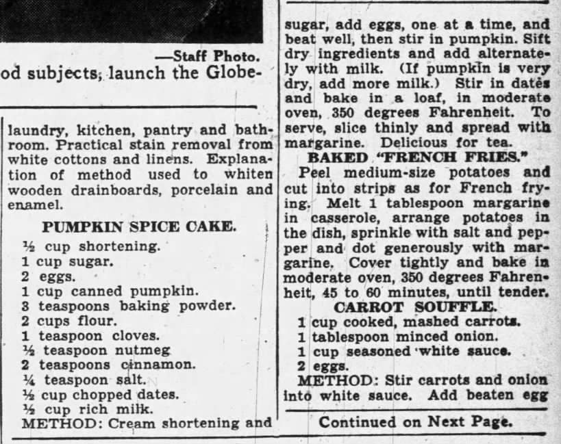 1935 recipe for "pumpkin spice" cake