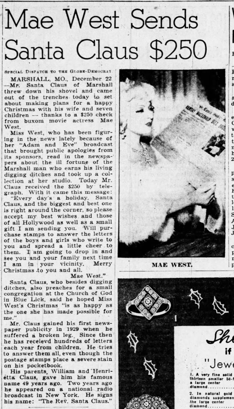 Mae West sends Santa Claus $250 for postage 