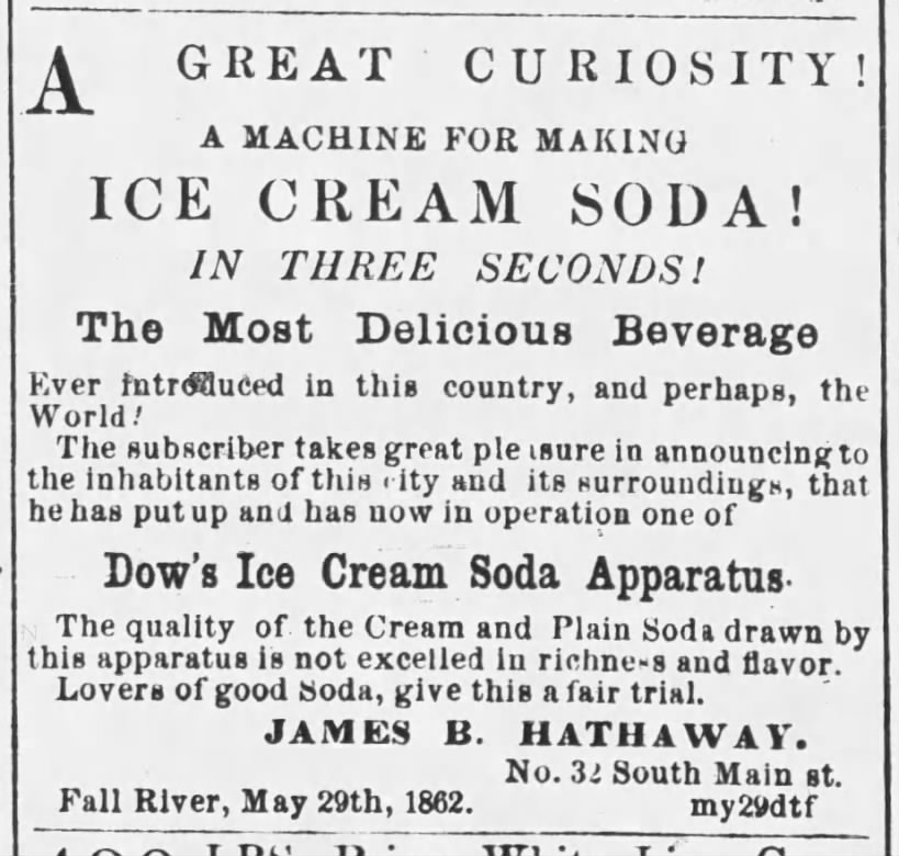 1863 ad for ice cream soda made with cream and "plain soda"