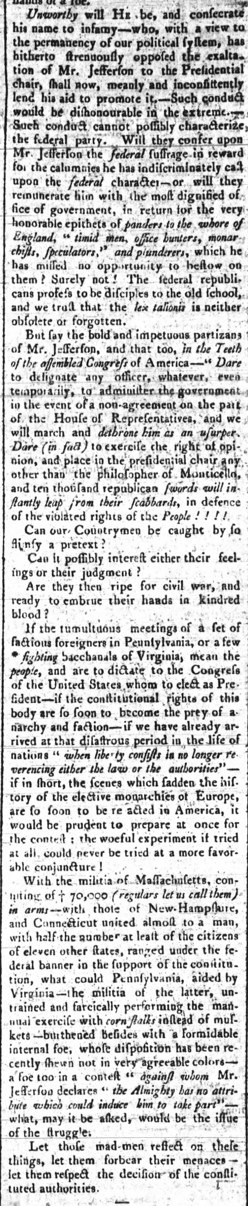 Article from a Federalist paper critical of Federalists in Congress willing to support Jefferson