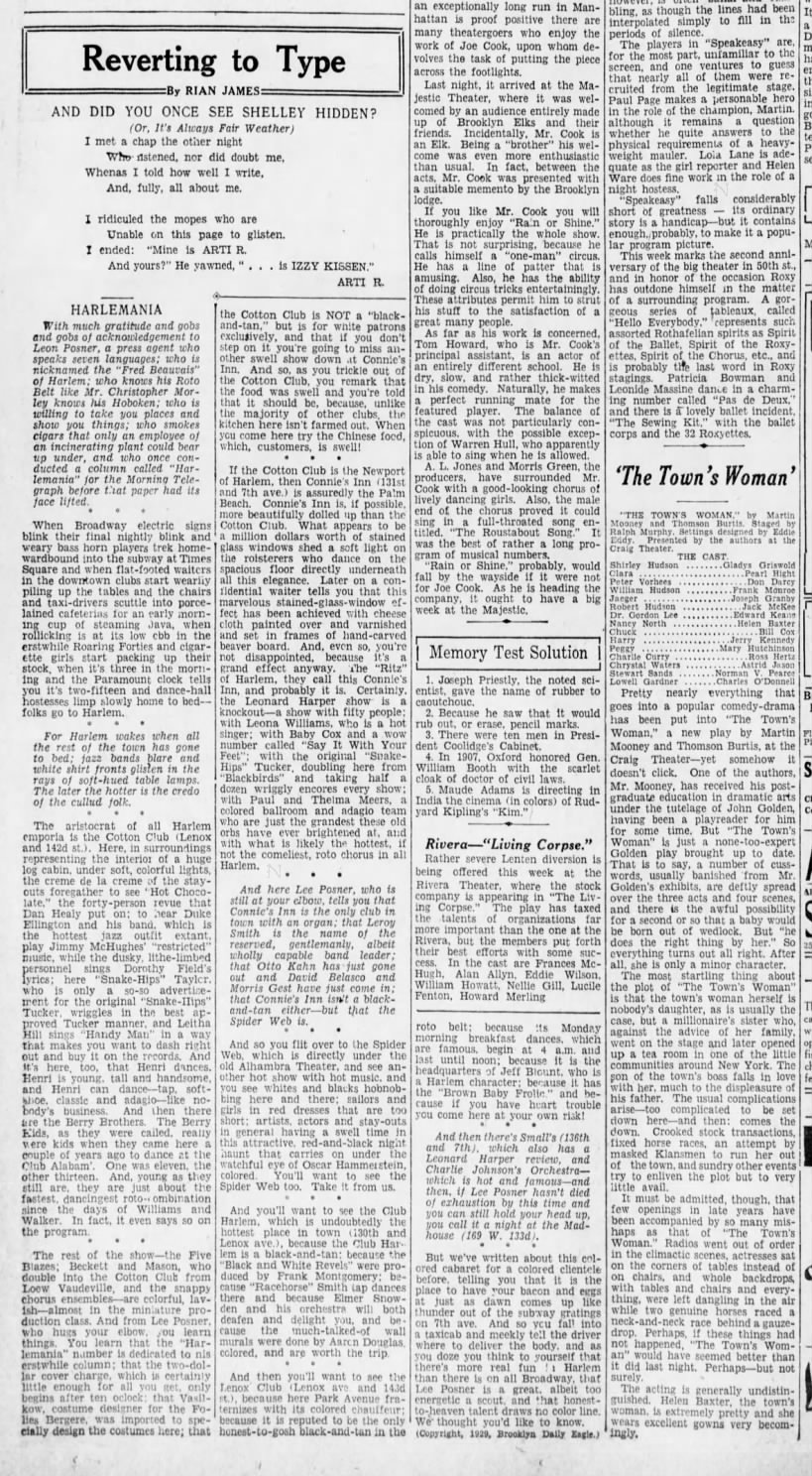 Descriptions of various Harlem nightclubs in 1929, including the Cotton Club and Connie's Inn