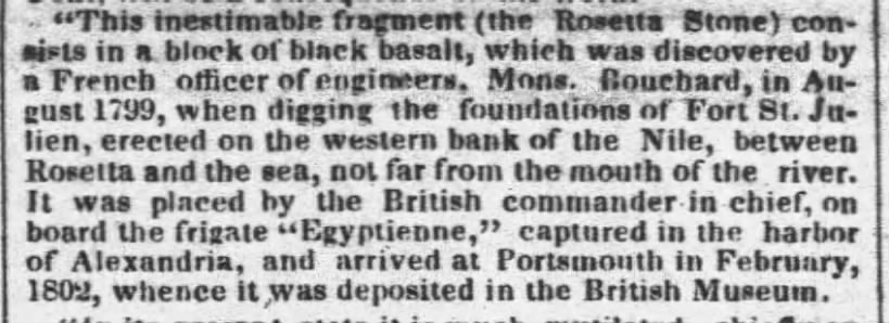 Rosetta Stone shipped on board the frigate "Egyptienne" and arrived in Portsmouth in February 1802