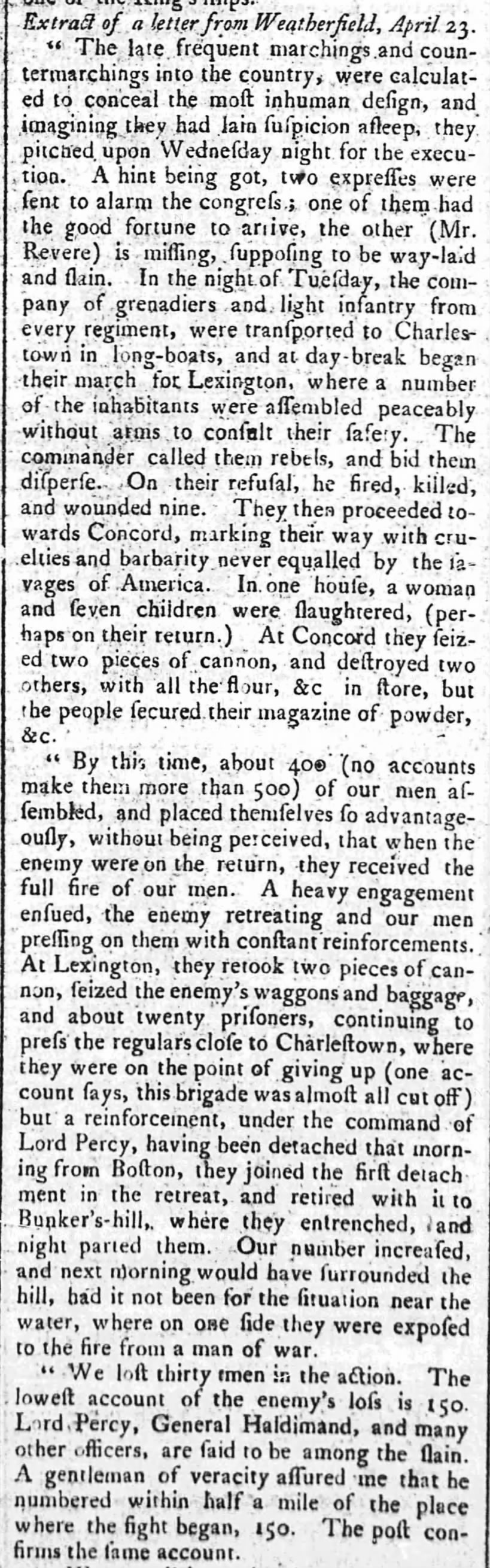 A letter with an American account of the Battles of Lexington and Concord on April 19, 1775