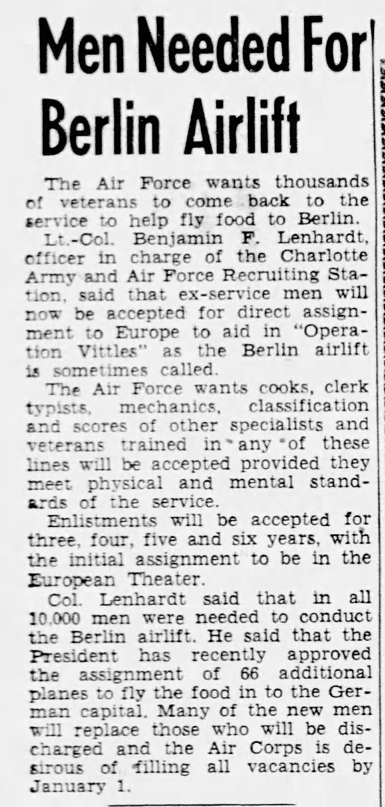 Veterans needed for Berlin Airlift - 1948