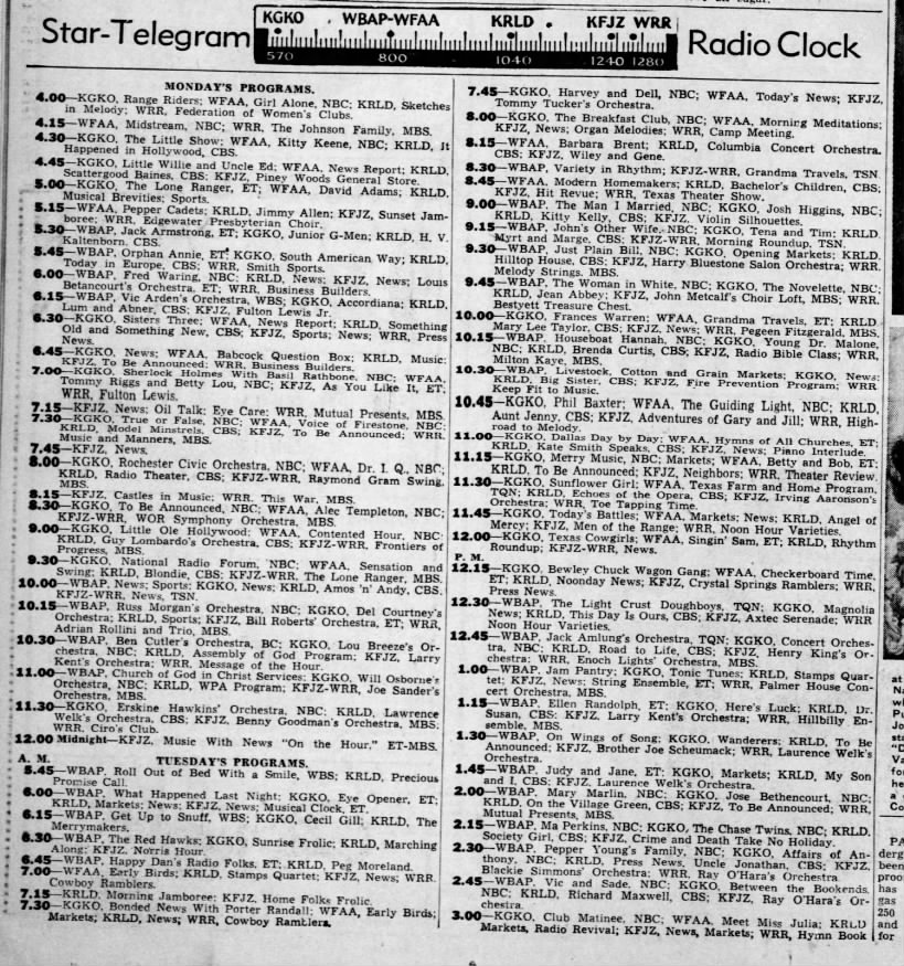 WBAP Radio Lineup - January 1, 1940