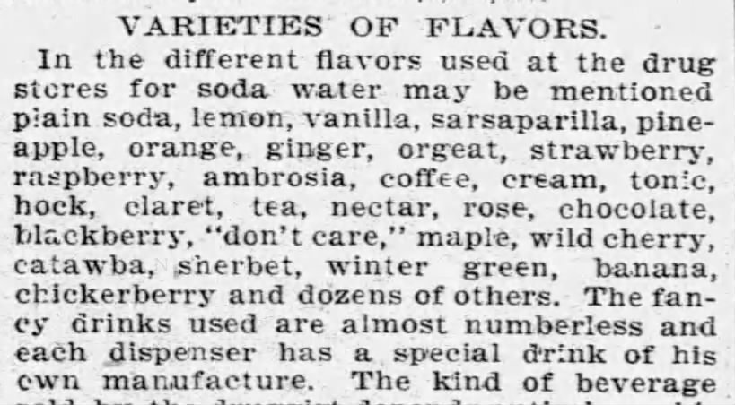 Examples of soda water flavors, 1897