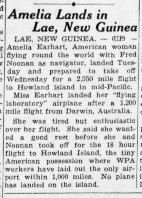 Amelia Earhart lands in Lae, New Guinea