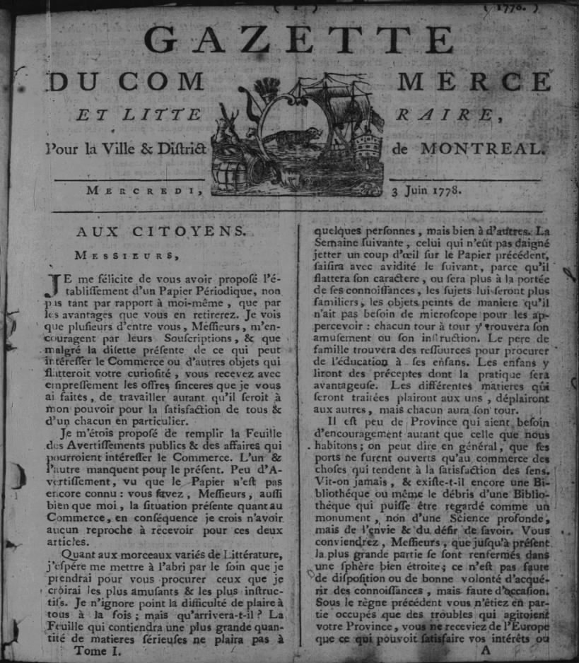 La Gazette du commerce et littéraire, pour la ville et district de Montréal: June 3, 1778