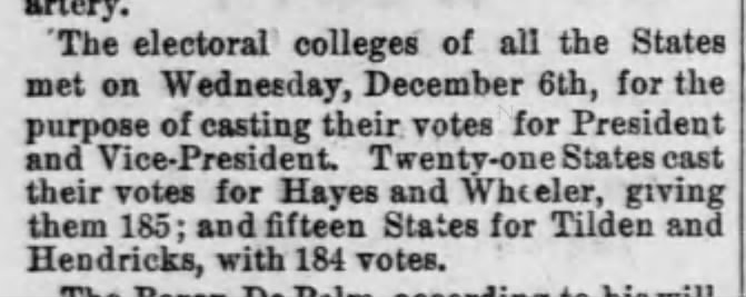Tally including Republican electoral votes giving Hayes a victory