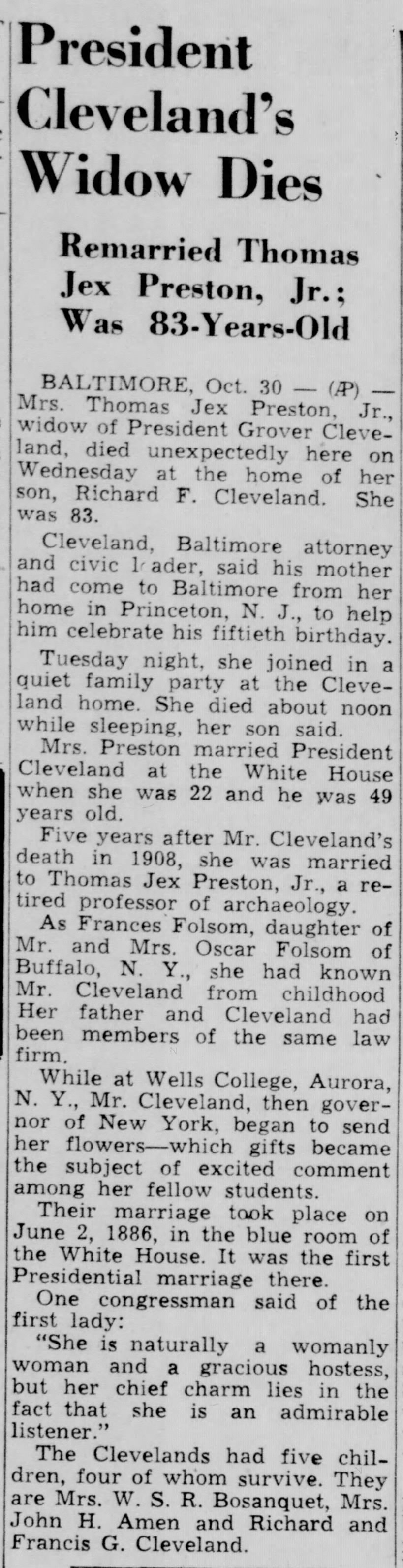 Frances Folsom Cleveland Preston dies