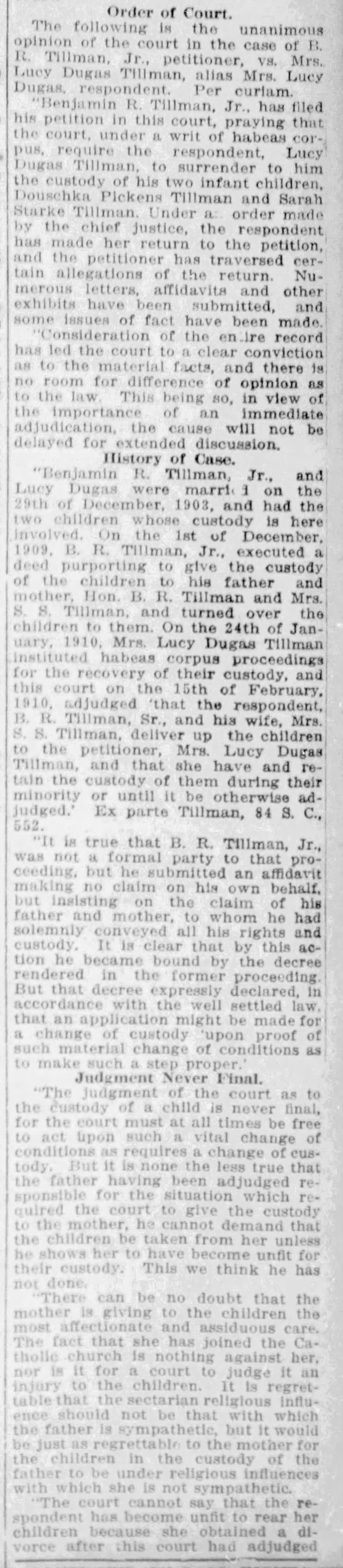 Order of the Court in the Tillman custody case - 1912