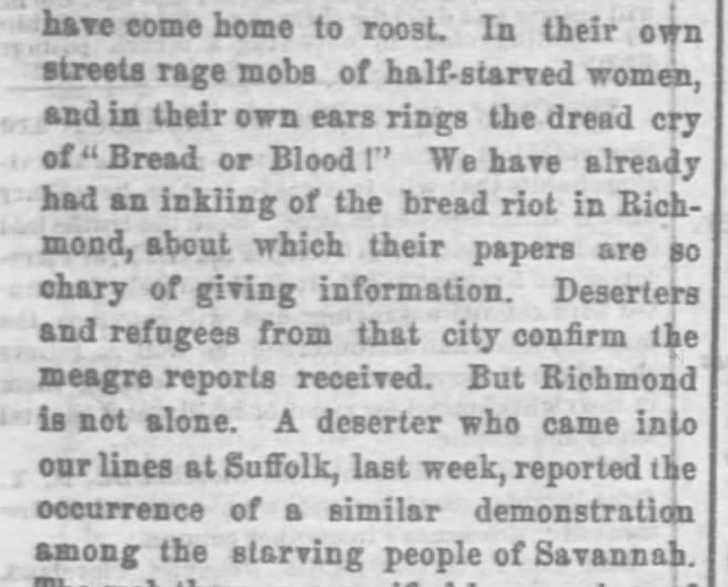 Women chant "Bread or Blood" during the Richmond Bread Riot