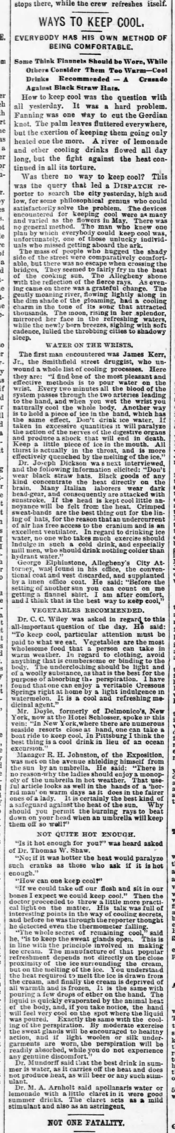 Tips for keeping cool from Pittsburgh residents (1890)